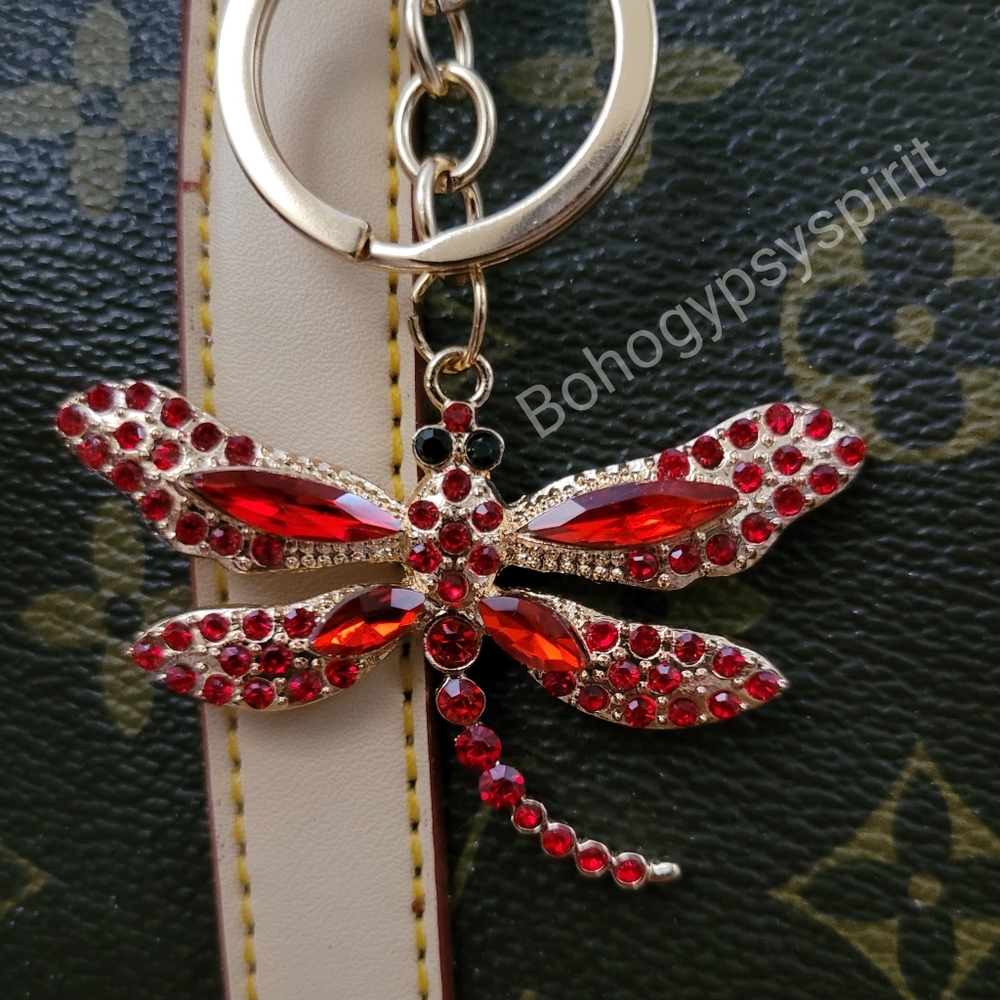 2/$20 Red Dragonfly Crystal Rhinestone Keychain Bag Charm